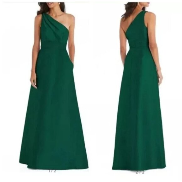 Alfred Sung NWT Bow One-Shoulder Satin Trumpet Gown Hunter Green Size 6 D794 - Picture 1 of 5